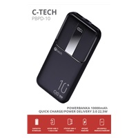 C-TECH Powerbanka 10000mAh, Li-Pol, 22,5W, USB-C/USB-A/micro USB
