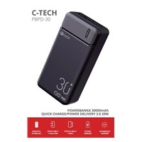 C-TECH Powerbanka 30000mAh, Li-Pol, 20W, USB-C/USB-A/micro USB