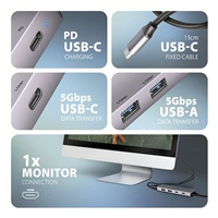 AXAGON HMC-5H60, USB 5Gbps hub, porty 2x USB-A, 1x USB-C, HDMI 4k/60, PD 100W, kabel USB-C 15cm