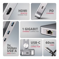 AXAGON HMC-STND, stojan pro 10"-16" notebooky, USB 5Gbps hub, 3x USB-A, HDMI 4k/60Hz, RJ-45, PD 100W, kabel USB-C 60cm