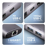 AXAGON HMC-6G2L, USB 10Gb/s hub, 2x USB-A, 1x USB-C, HDMI 4k/60, RJ-45, PD 100W, kabel USB-C 15cm