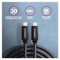 AXAGON BUCM32-CM15AB, SPEED+ kabel USB-C <-> USB-C, 1.5m, USB 20Gbps, PD 100W 5A, 4K HD, ALU, oplet, černý