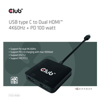 Club3D Video hub MST USB-C na 2xHDMI + USB-C PD 3.0, 4K60Hz