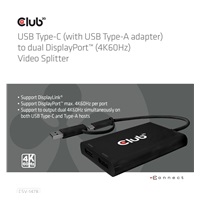 Club3D Video rozbočovač USB-C (USB-A adaptér) na 2xDP 4K60Hz Video splitter