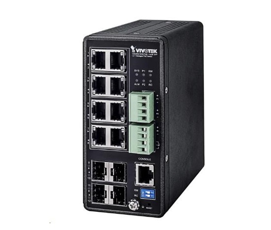 Vivotek AW-IHT-1271, Industriální switch 8xGbe POE (budget 240W, 802.3af/at) + 4x SFP, management L2+,