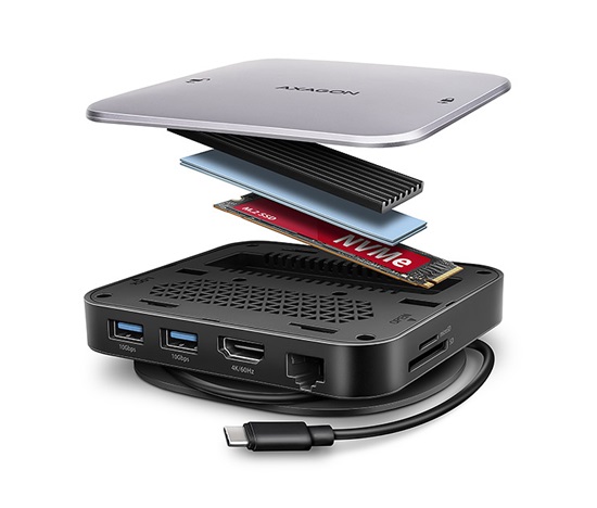 AXAGON HMC-UFO, USB 10Gbps hub, 2x USB-A, USB-C, HDMI 4k/60, RJ-45, M.2 slot, SD/mSD, audio, PD 100W, kabel USB-C 65cm