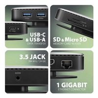 AXAGON HMC-UFO, USB 10Gbps hub, 2x USB-A, USB-C, HDMI 4k/60, RJ-45, M.2 slot, SD/mSD, audio, PD 100W, kabel USB-C 65cm
