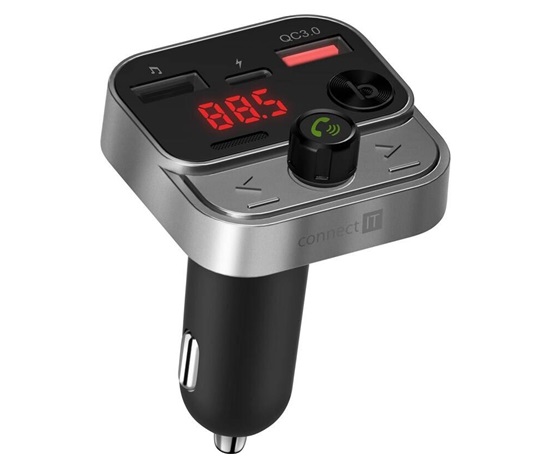 CONNECT IT InCarz Bezdrátový FM transmitter, 2x USB-A + 1x USB-C, Stříbrno-černá