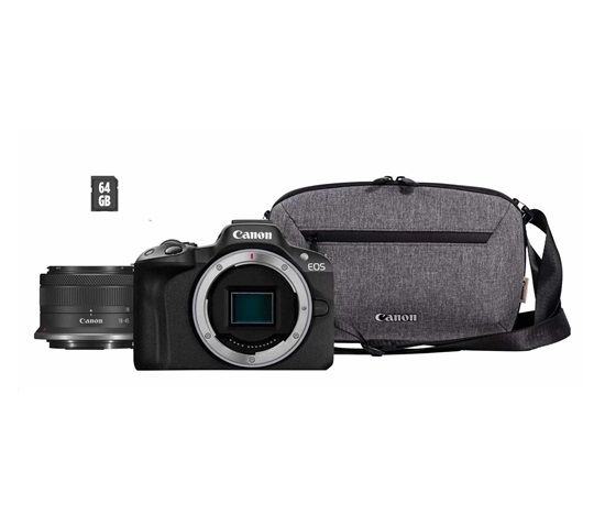 Canon EOS R50 černý + RF-S 18-45 IS STM + Bag + SD (Travel Kit) - poskozen obal