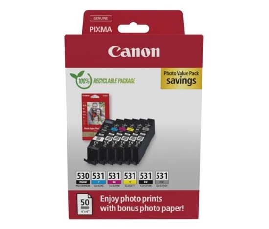 Canon Cartridge PGI-530/CLI-531 PGBK/C/M/Y/BK/GY + Canon PAPÍR GP-501 4X6 50