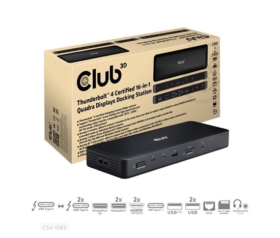 Club3D Dokovací stanice 16v1 Quadra (4) ThunderBolt 4, 2xTB, 3xDP, 2xHDMI, 3xUSB, RJ45, SD-TF Karta, 1xUSB-C, 150W PD