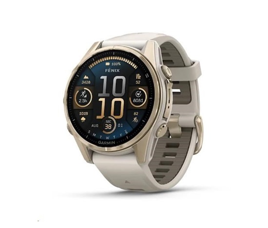 Garmin fenix® 8 – 43 mm, AMOLED, Sapphire, Soft Gold / Fog grey se silikonovým řemínkem, EU