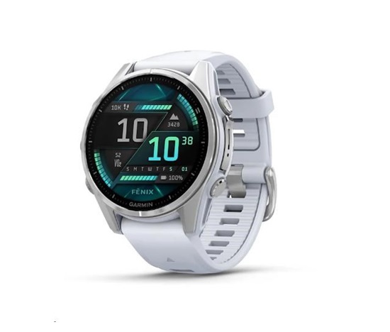 Garmin fenix® 8 – 43 mm, AMOLED, Silver / Whitestone se silikonovým řemínkem.