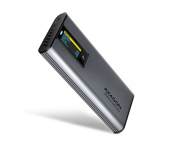 AXAGON EEM2-SD2 USB-C 10Gbps - M.2 NVMe & SATA SSD kovový DISPLAY box, bezšroubkový