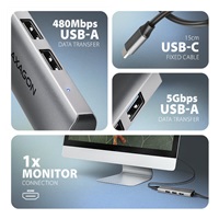 AXAGON HMC-H3A, USB 5Gbps hub, 3x USB-A, HDMI 4k/30Hz, kabel USB-C 15cm