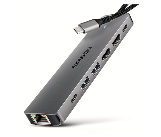 AXAGON HMC-7HX2, USB 5Gbps hub, 2x USB-A, USB-C, 2x HDMI 4k/60Hz, RJ-45 GLAN, PD 100W, kabel USB-C 15cm