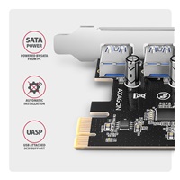 AXAGON PCEU-430RS, PCIe řadič, 4x USB 5Gbps port, SATA napájení, Renesas PD720201, SP