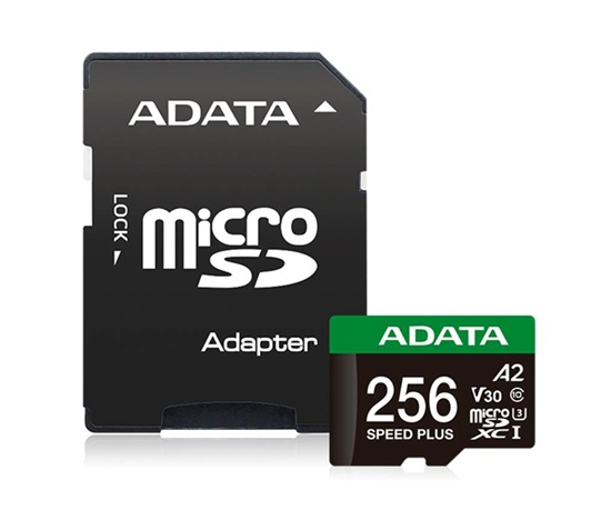 ADATA MicroSDXC karta 256GB Speed Plus, U3, C10, A2, V30 (R:180/W:160 MB/s) + SD adaptér