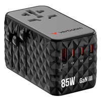 VERBATIM GaN Nabíječka do sítě s vestavěným USB-C kabelem Charge ‘n‘ Travel, 85W, 4xUSB-C, 1xUSB