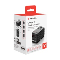 VERBATIM GaN Nabíječka do sítě s vestavěným USB-C kabelem Charge ‘n‘ Travel, 85W, 4xUSB-C, 1xUSB