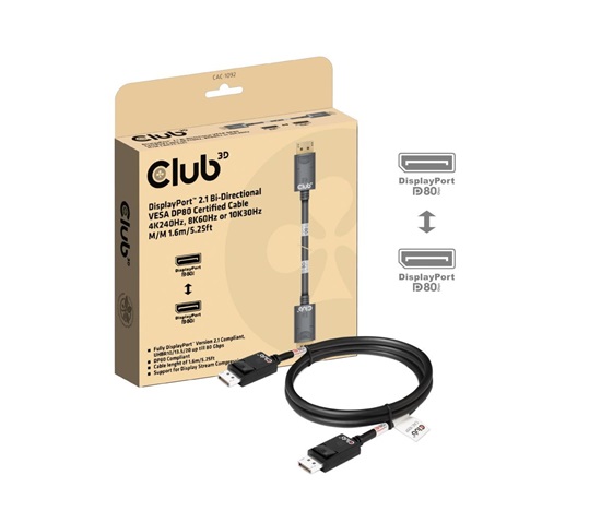 Club3D Kabel DisplayPort 2.1 na DisplayPort 2.1, DP80, 4K120Hz/10K60Hz (M/M), 1.6m, černá