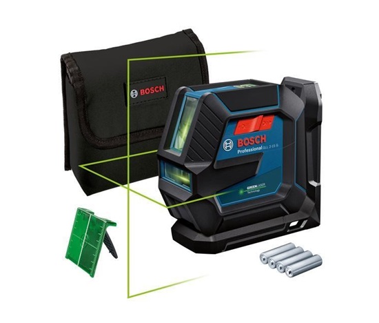 Bosch GLL 2-15 G čárový laser, pracovní dosah až 15 m, přesnost +/-0,3 mm/m, 4× baterie 1,5 V LR6 (AA)