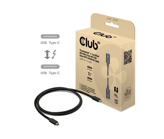 Club3D Kabel Thunderbolt 5, 80/120Gbps, Certifikovaný kabel, 1x 4K540Hz, 2x8K240Hz, PD 240W, 1m