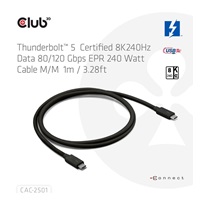 Club3D Kabel Thunderbolt 5, 80/120Gbps, Certifikovaný kabel, 1x 4K540Hz, 2x8K240Hz, PD 240W, 1m