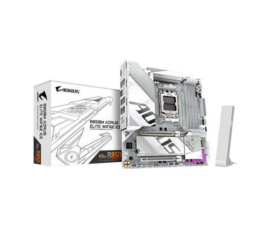 GIGABYTE MB Sc AM5 B850M A ELITE WF6E ICE, AMD B850, 4xDDR5, 1xDP, WiFi, mATX