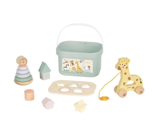 Hrací box ZOO 4v1 - vkládačka + pyramida + tahací hračka