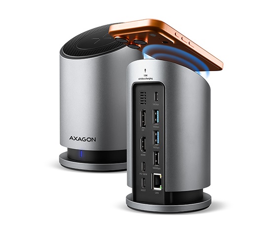 AXAGON HMC-WL9, USB 10Gbps hub s Qi, 3x USB-A, USB-C, HDMI & DP 4k/60Hz, RJ-45 GLAN, PD 100W, kabel USB-C 60cm