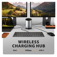 AXAGON HMC-WL9, USB 10Gbps hub s Qi, 3x USB-A, USB-C, HDMI & DP 4k/60Hz, RJ-45 GLAN, PD 100W, kabel USB-C 60cm