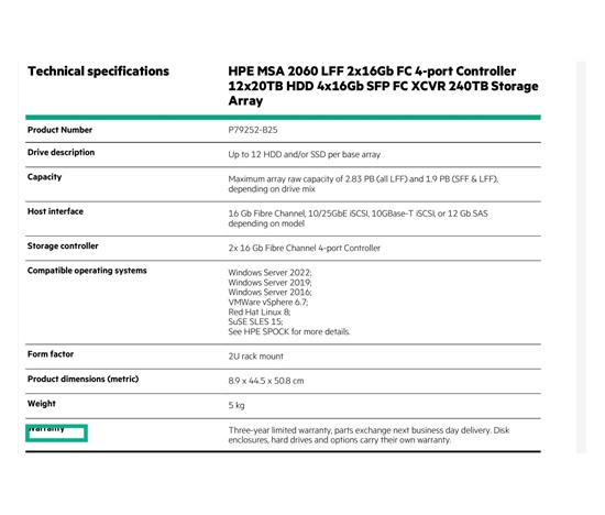 HPE MSA 2060 LFF 2x16Gb FC 4-port Controller 12x20TB HDD 4x16Gb SFP FC XCVR 240TB Storage Array