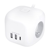 Solight 3z + USB A+C prodlužovací přívod - kostka, kabel 2m, 3 x 1mm2, bílý, vypínač