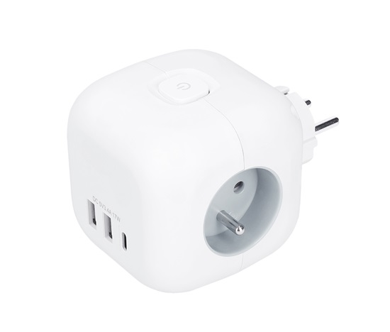 Solight rozbočka kostka, 3x 16A + USB A+C, bílá, vypínač