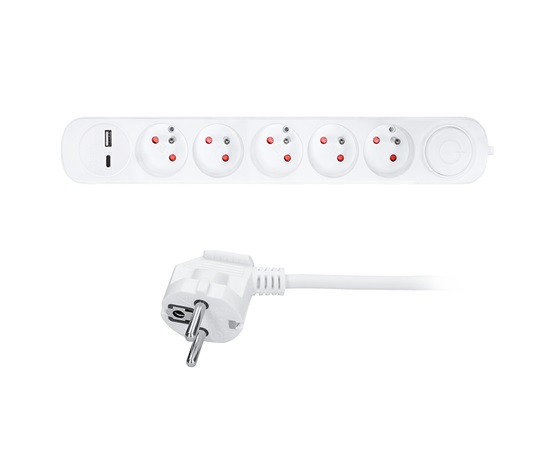 Solight prodlužovací přívod 5 zásuvek, USB A+C nabíječka 12W, 3m, 3 x 1mm2, bílý, vypínač