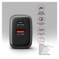 AXAGON ACU-PQ67, GaN nabíječka do sítě 67W, výstup USB-A + USB-C, PD3.0/PPS/QC4+/SFC2.0/Apple