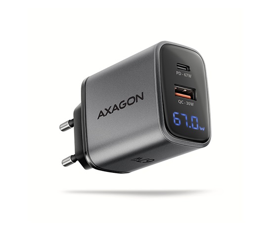 AXAGON ACU-PQ67D, GaN nabíječka do sítě 67W, výstup USB-A + USB-C, PD3.0/PPS/QC4+/SFC2.0/Apple, LCD display