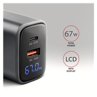 AXAGON ACU-PQ67D, GaN nabíječka do sítě 67W, výstup USB-A + USB-C, PD3.0/PPS/QC4+/SFC2.0/Apple, LCD display