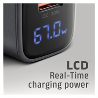 AXAGON ACU-PQ67D, GaN nabíječka do sítě 67W, výstup USB-A + USB-C, PD3.0/PPS/QC4+/SFC2.0/Apple, LCD display