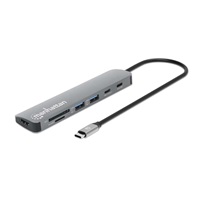 MANHATTAN Dokovací stanice USB-C 7v1, 1xHDMI, 2xUSB-C, 2xUSB, čtečka SD karet, šedá