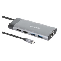 MANHATTAN Dokovací stanice USB-C 10v1, 2xHDMI, 2xUSB-C, 5xUSB, 1xRJ45, šedá
