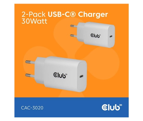 Club3D Nabíječka, USB-C, Power Delivery 15V/2A, 2-pack, bílá