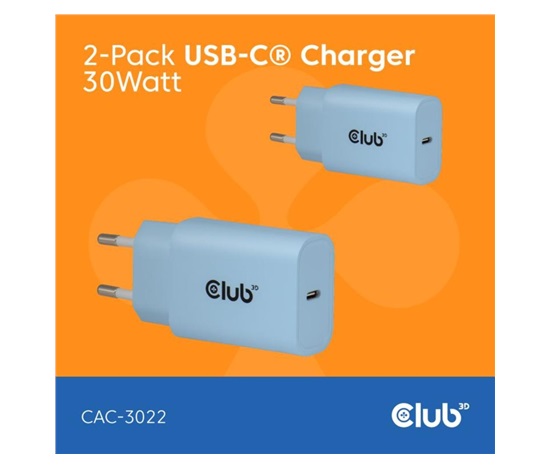 Club3D Nabíječka, USB-C, Power Delivery 15V/2A, 2-pack, modrá