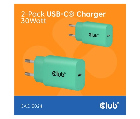 Club3D Nabíječka, USB-C, Power Delivery 15V/2A, 2-pack, zelená
