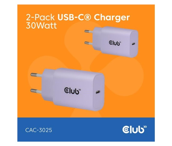 Club3D Nabíječka, USB-C, Power Delivery 15V/2A, 2-pack, fialová