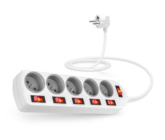 CONNECT IT prodlužovací kabel 230V, 5 zásuvek, 2m, s vypínači, bílá