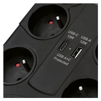 Solight přepěťová ochrana, 8z, USB A+CA, 2m, černá