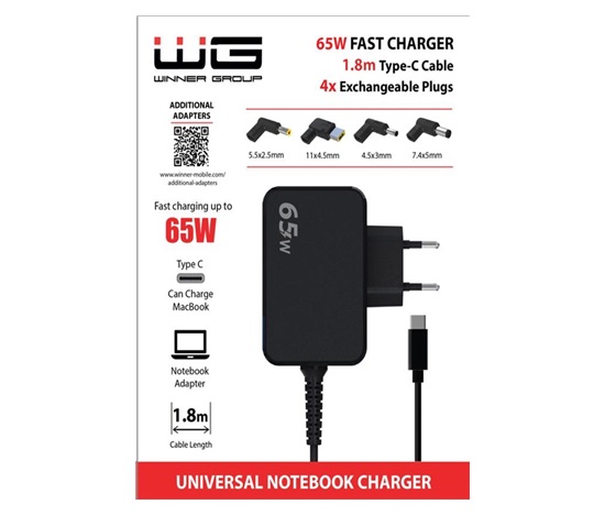 WG - 65W univerzální notebooková nabíječka s Type-C kabelem 1,8m + 4 adaptéry