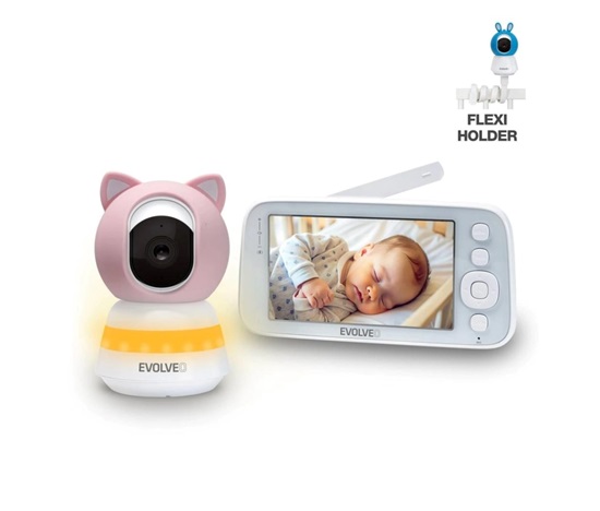 EVOLVEO Baby Monitor N5, Set videochůvičky s 360° dohledem, obousměrnou komunikací a ukolébavkami, růžová